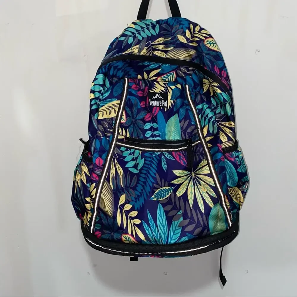 Blue and Yellow Tropical Print Backpack with Multiple Compartments
